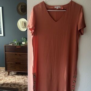 Madewell Coral V-Neck Dress with Button Accents